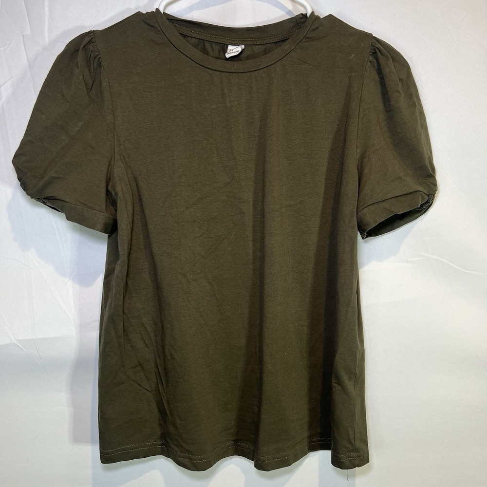 Shirt Womens Small Olive‎ Green Gathered Cuff Sleeve Crewneck Top Military Chic